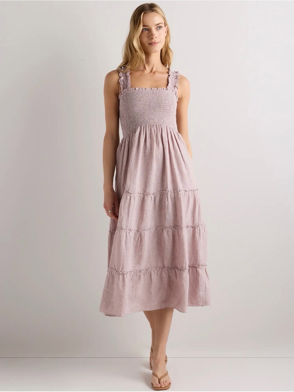 Quince 100% European Linen Smocked Midi Dress – Vintage Chambray Pink – XS